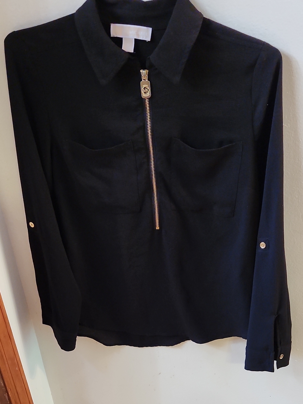 Michael Kors Black Long-Sleeve Button-Style Shirt with Gold Zip